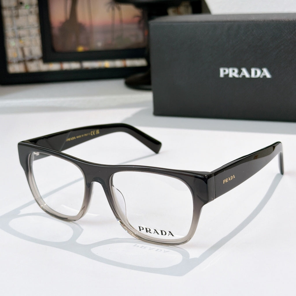 Prada eyeglasses with black rectangular frames and logo temples, clear lenses