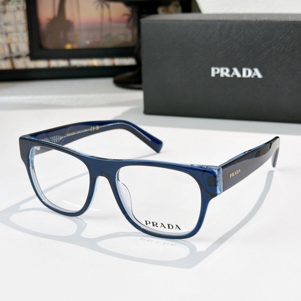 Prada eyeglasses with blue rectangular frames and logo temples, clear lenses