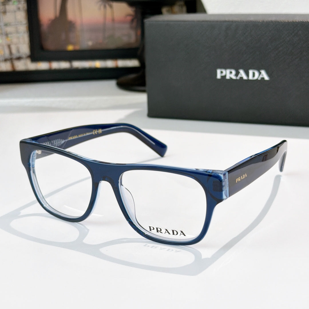 Prada eyeglasses with blue rectangular frames and logo temples, clear lenses
