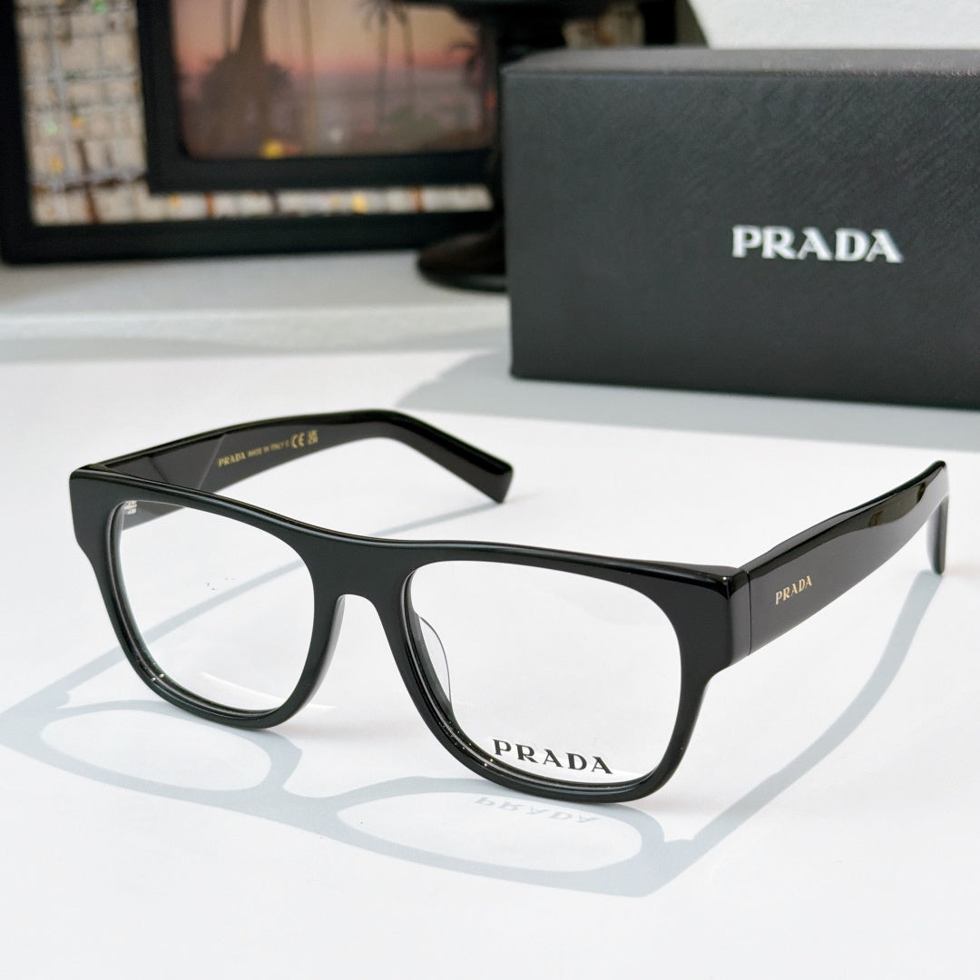 Prada eyeglasses with dark gray rectangular frames and logo temples, clear lenses