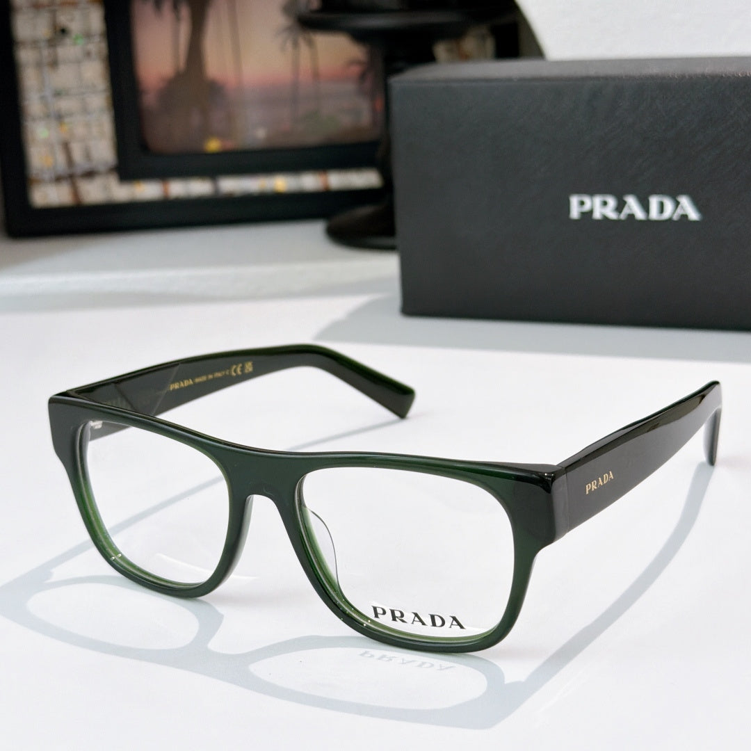 Prada eyeglasses with dark green rectangular frames and logo temples, clear lenses