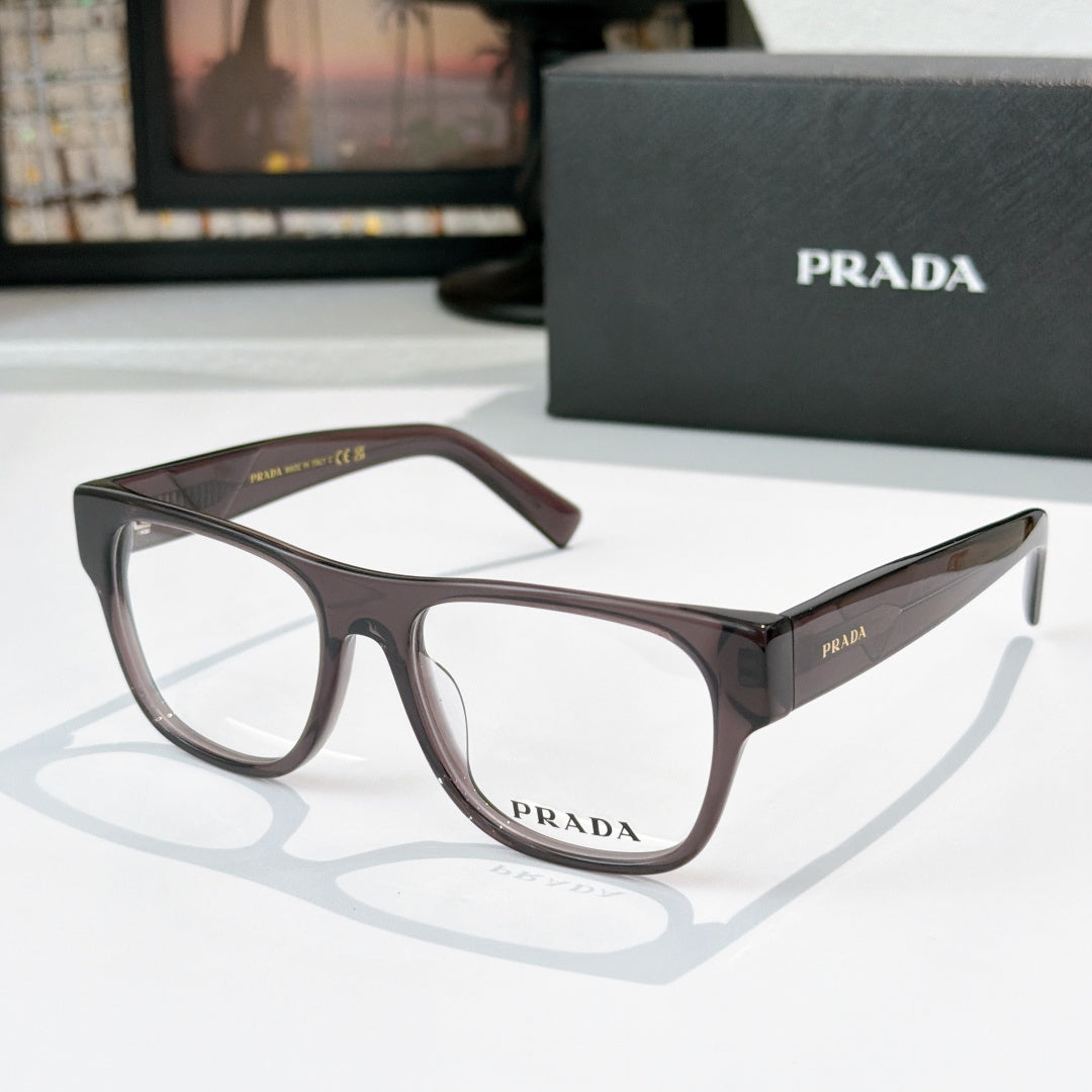 Prada eyeglasses with brown translucent rectangular frames and logo temples, clear lenses