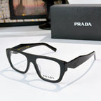 Prada black rectangular eyeglasses with logo on temples