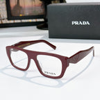 Prada maroon rectangular eyeglasses with logo on temple