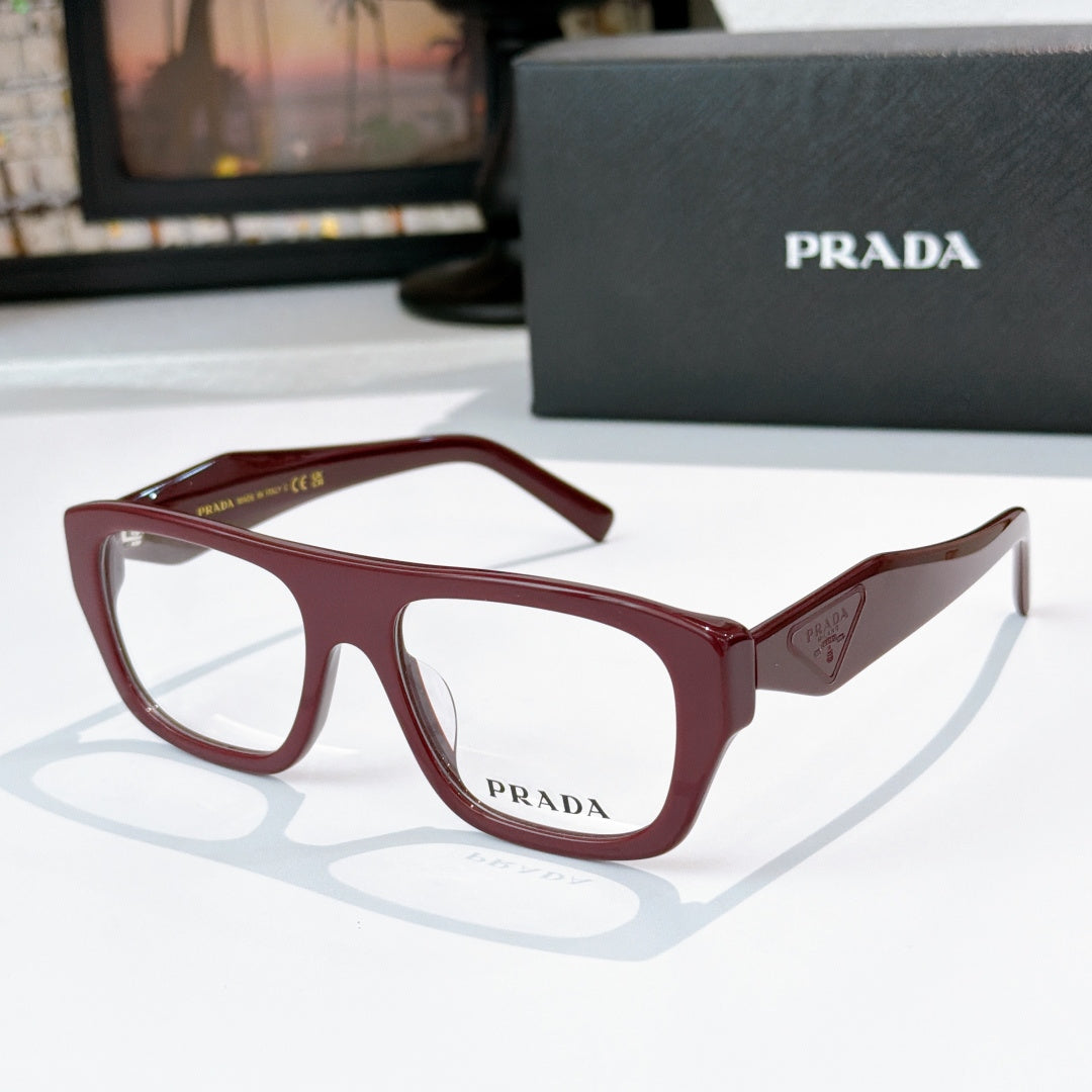 Prada maroon rectangular eyeglasses with logo on temple