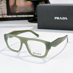 Prada light green rectangular eyeglasses with logo on temple