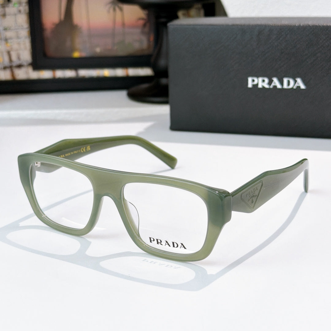 Prada light green rectangular eyeglasses with logo on temple