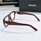 Prada burgundy eyeglass frame with logo on temple and arms