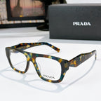 Prada tortoiseshell rectangular eyeglasses with logo on temples
