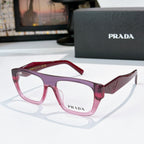 Prada red square eyeglasses with logo on temple