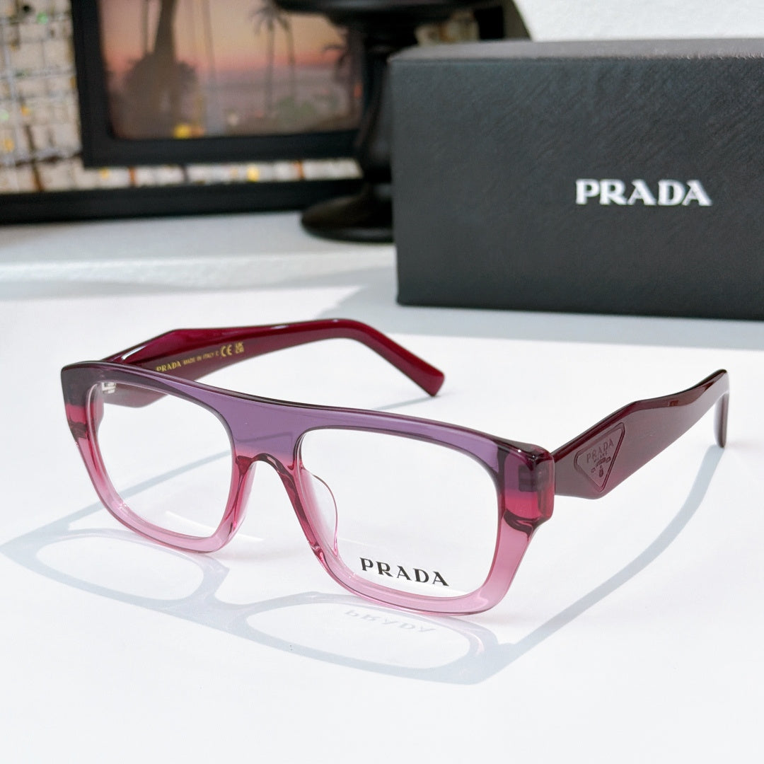 Prada red square eyeglasses with logo on temple