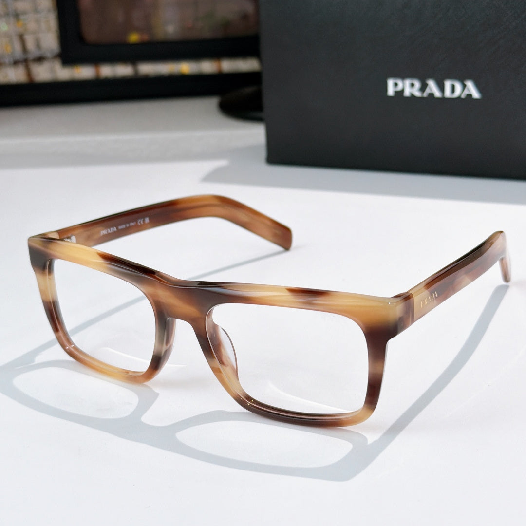 Tortoiseshell square eyeglasses with clear lenses and angular temple tips