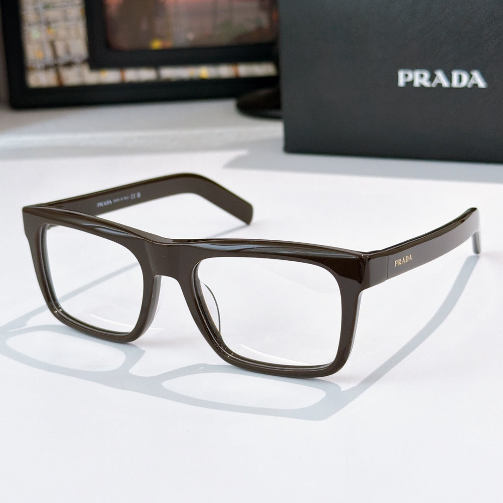 Brown square eyeglasses with clear lenses and glossy full-rim frame