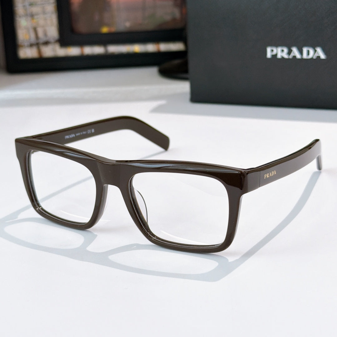 Brown square eyeglasses with clear lenses and glossy full-rim frame