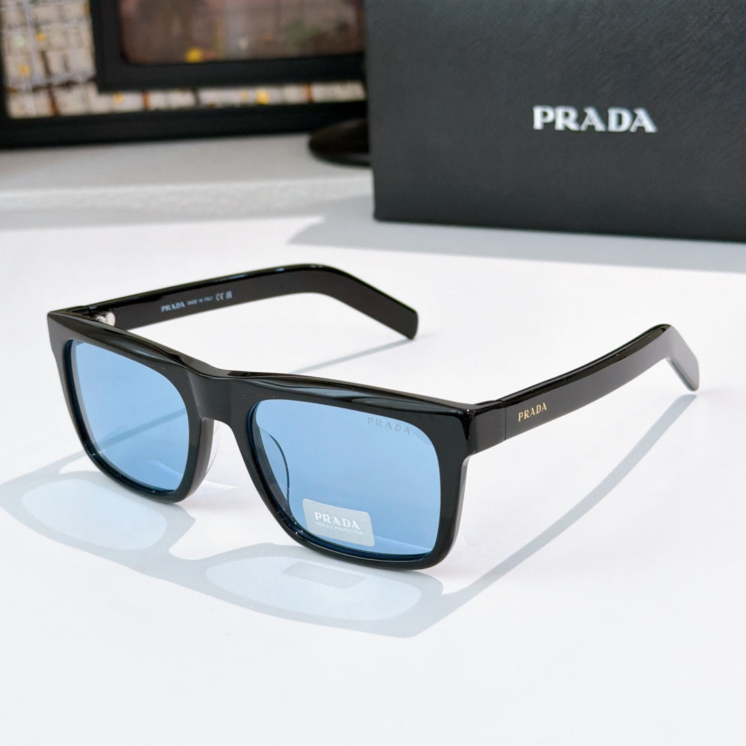 Black square eyeglasses with blue tinted lenses and angular temple tips