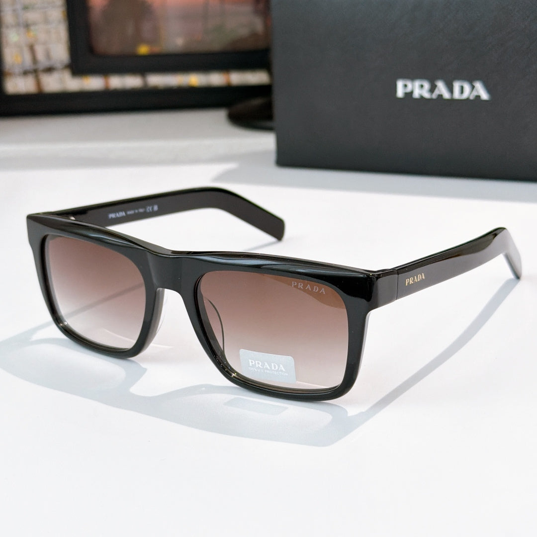 Black square eyeglasses with brown tinted lenses and glossy angular frame