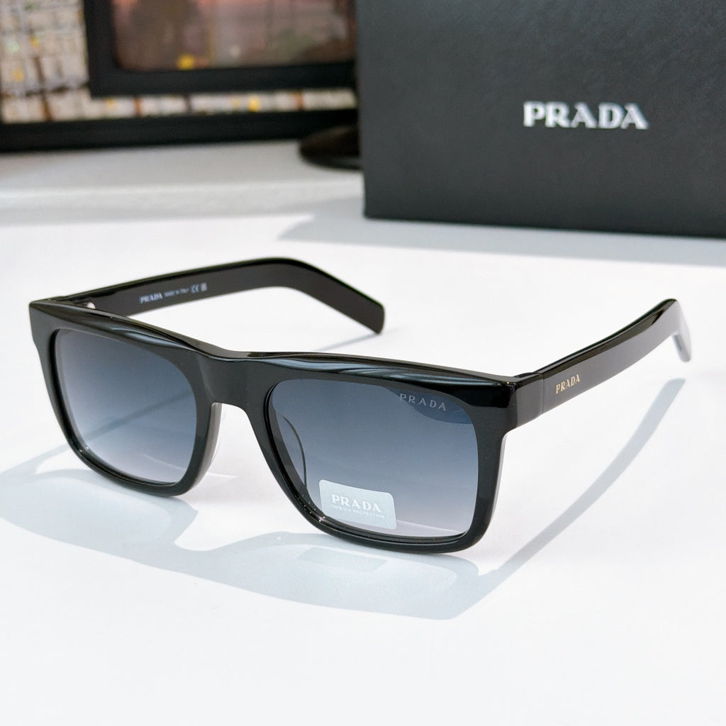 Black square eyeglasses with dark blue tinted lenses, full-rim frames
