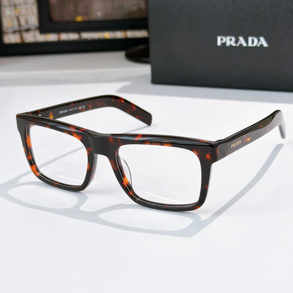 Tortoiseshell square eyeglasses with clear lenses and glossy full-rim frame