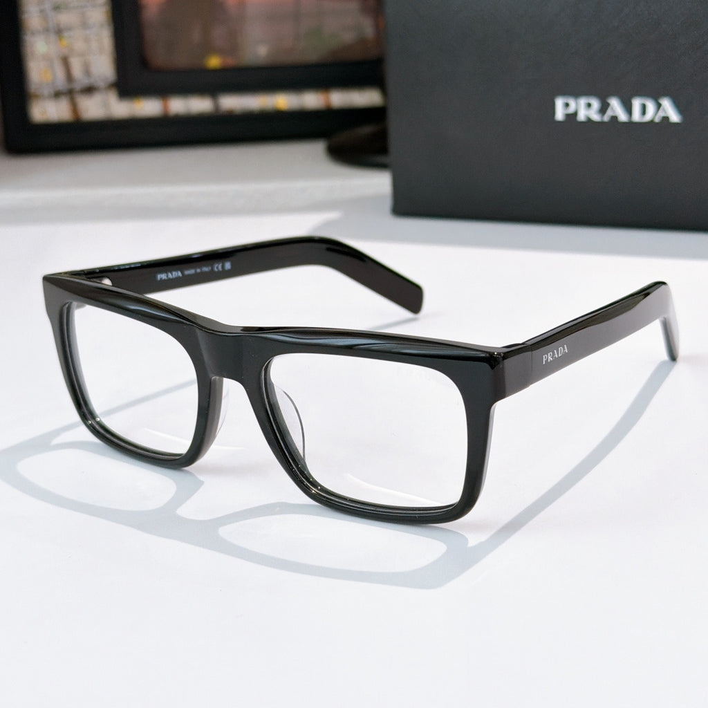 Black square eyeglasses with clear lenses and glossy full-rim frame