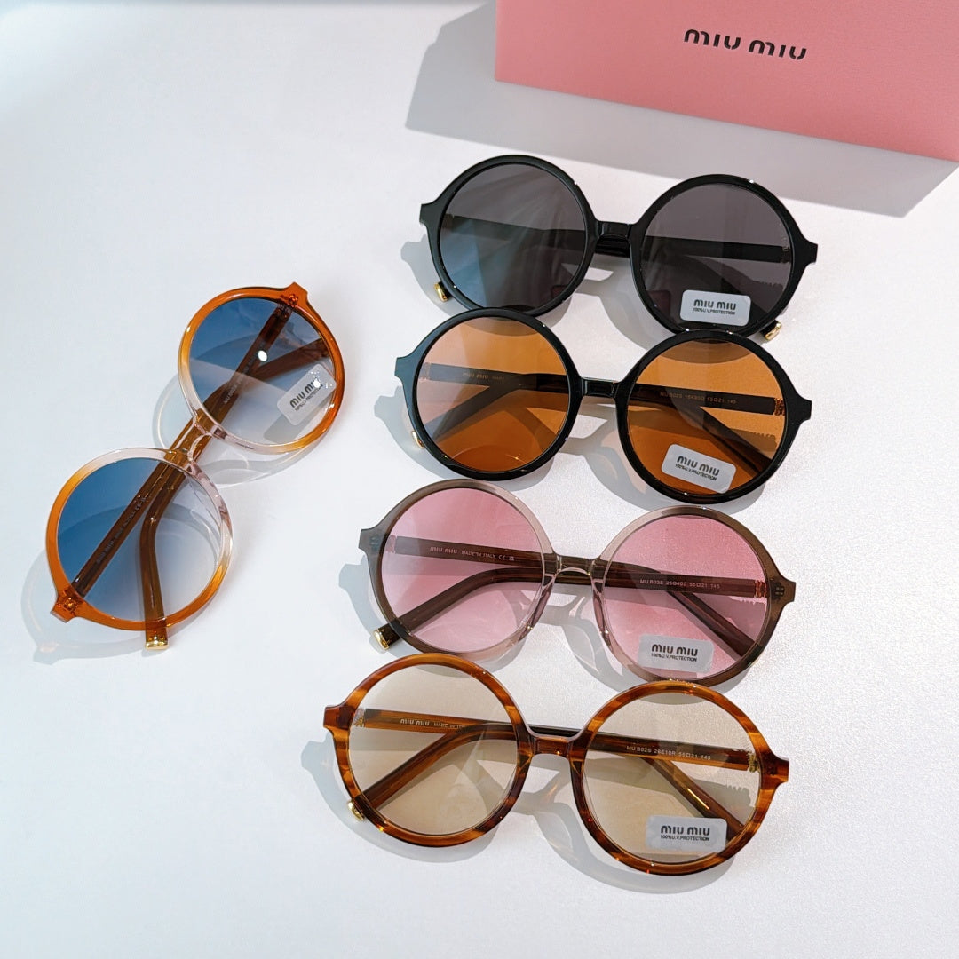 MiuMiu glasses assortment with round frames and mixed dark, orange, pink lenses