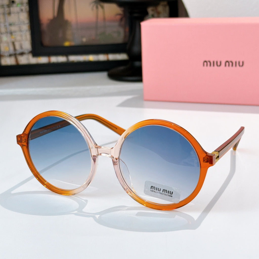 MiuMiu glasses with amber round frames and blue-tinted lenses