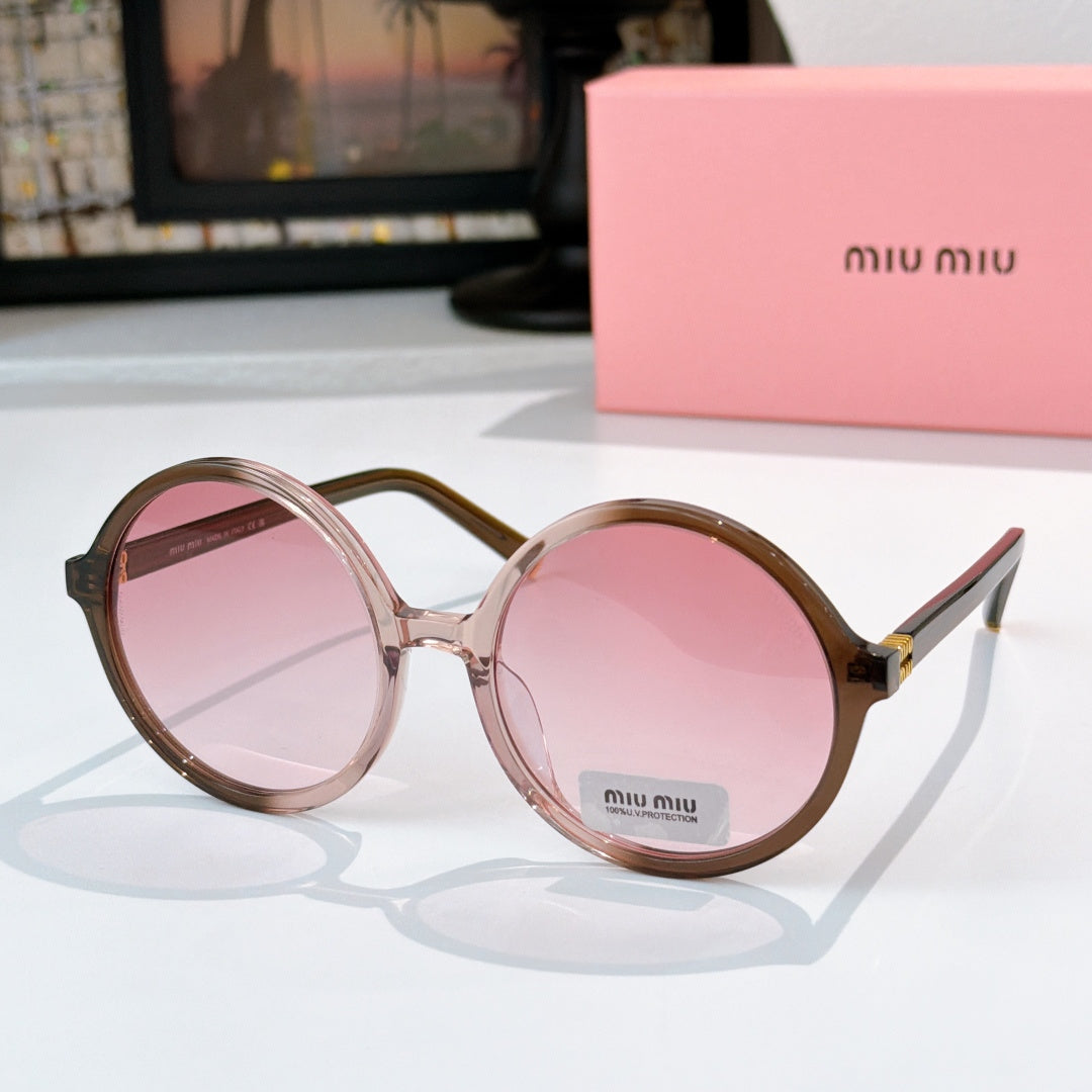 MiuMiu glasses with rose-pink round frames and light pink tinted lenses