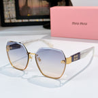 MiuMiu octagonal sunglasses with light blue gradient lenses and gold-tone frame