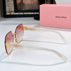 MiuMiu octagonal sunglasses with clear frame and pink gradient lenses, side view