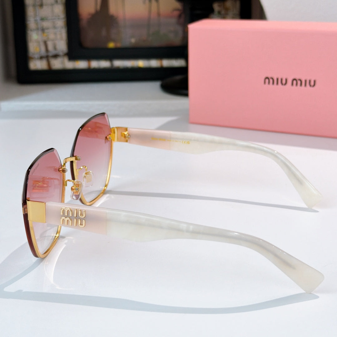 MiuMiu octagonal sunglasses with clear frame and pink gradient lenses, side view