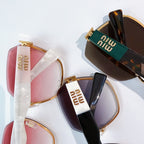 MiuMiu sunglasses with mixed frames and colored lenses, featuring gold-tone details