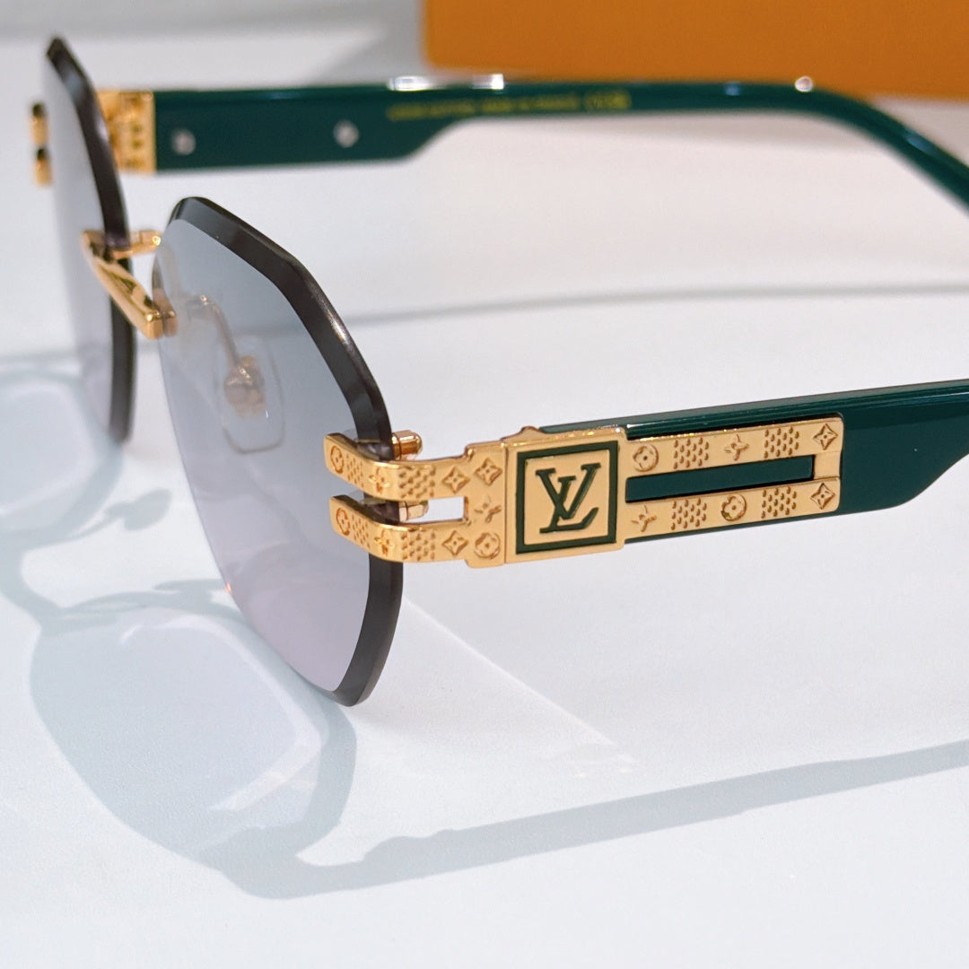Sunglasses side view with green temples and gold-tone logo bar detail