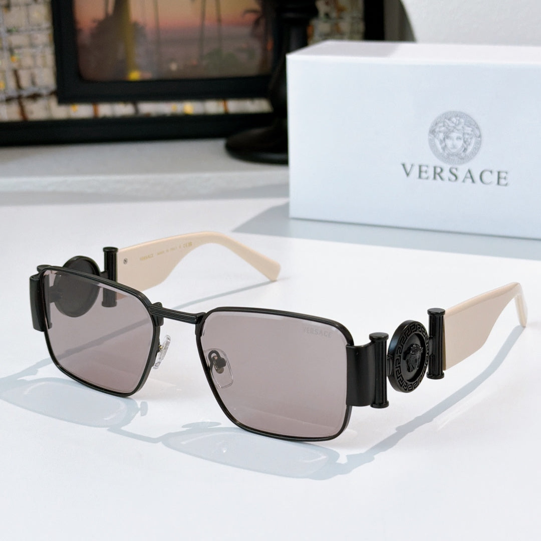 Versace sunglasses with black frame and dark purple tinted square lenses