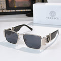 Versace sunglasses with silver metal frame and dark tinted square lenses