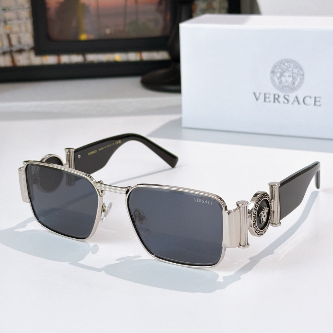 Versace sunglasses with silver metal frame and dark tinted square lenses