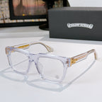 Clear plastic square eyeglasses with gold-toned decorative temple detail