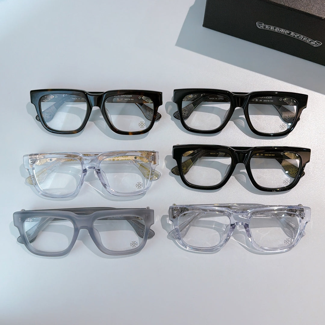 Assorted square eyeglasses set with black, tortoise, and clear frames, clear lenses