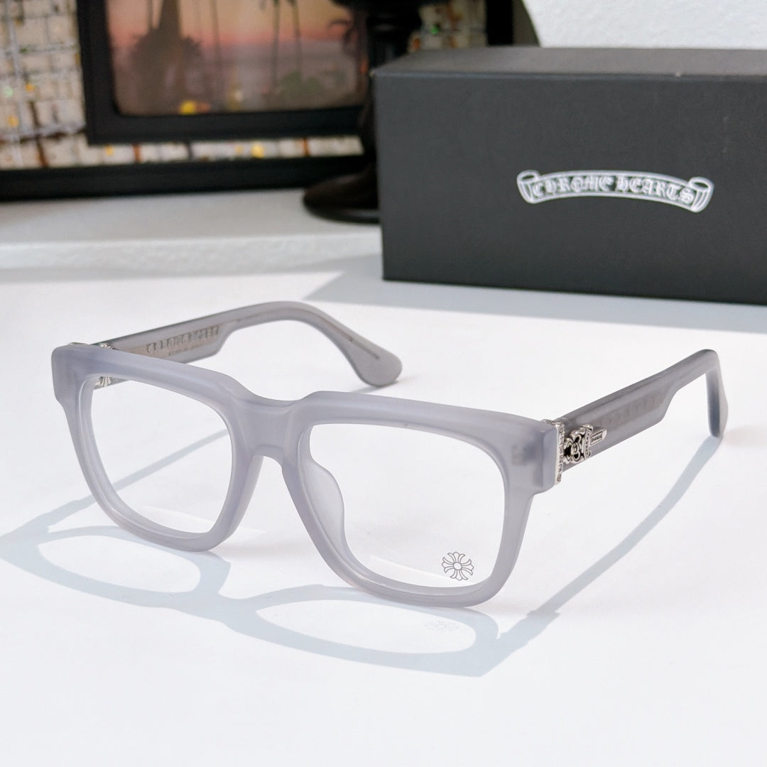 Light gray translucent square eyeglasses with clear lenses and jeweled temple detail