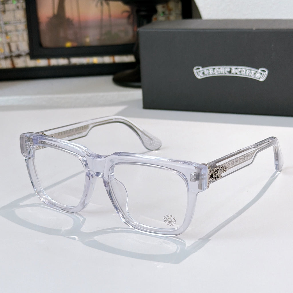 Translucent clear square eyeglasses with clear lenses and ornate jeweled temple insert