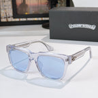 Blue-tinted sunglasses with clear acetate frames and small gold logo detail