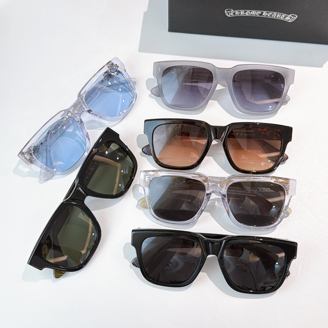 Assorted sunglasses set with multiple frame colors and lens tints in packaging