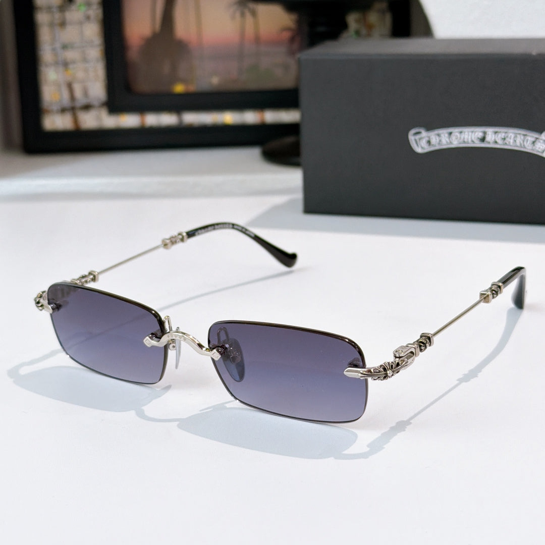 Sunglasses with dark blue tinted rectangular lenses and silver-tone metal frame