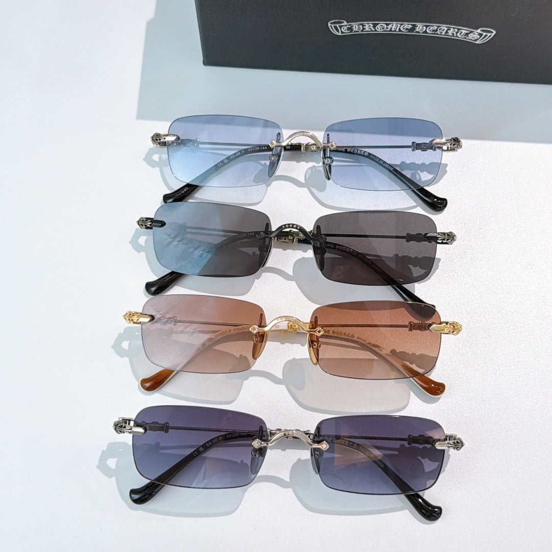 Set of four tinted sunglasses with blue, dark, brown, and purple rectangular lenses