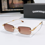 Sunglasses with warm brown tinted rectangular lenses and gold-tone metal frame