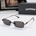 Sunglasses with dark gray tinted rectangular lenses and black metal frame
