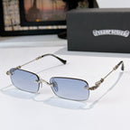 Sunglasses with dark blue tinted rectangular lenses and silver-tone metal frame