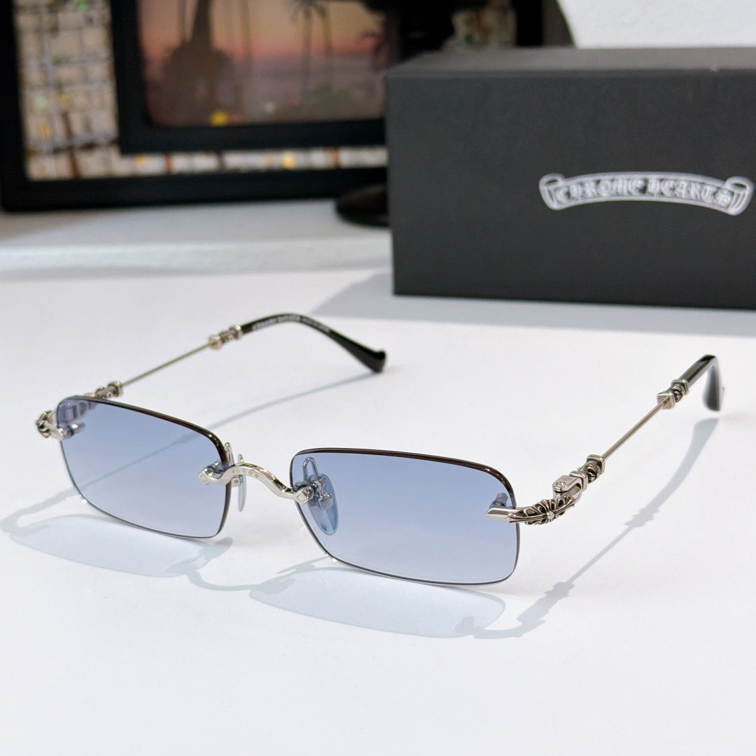 Sunglasses with dark blue tinted rectangular lenses and silver-tone metal frame