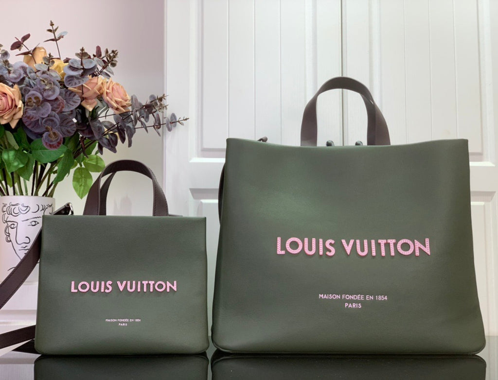 Louis Vuitton shopping bag set in sage green with matching small pouch and top handles