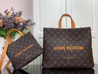Louis Vuitton monogram shopping bag with brown handles and matching small crossbody pouch