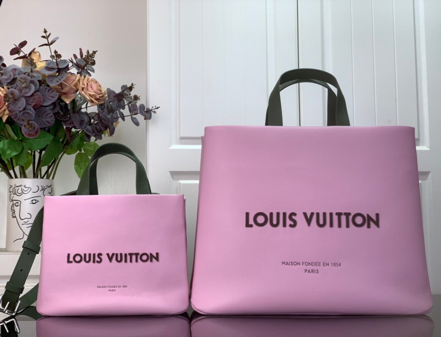 Louis Vuitton shopping bag set in lavender pink with matching small pouch and top handles