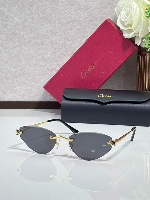 Gold-rim sunglasses with dark gray lenses and black temple tips